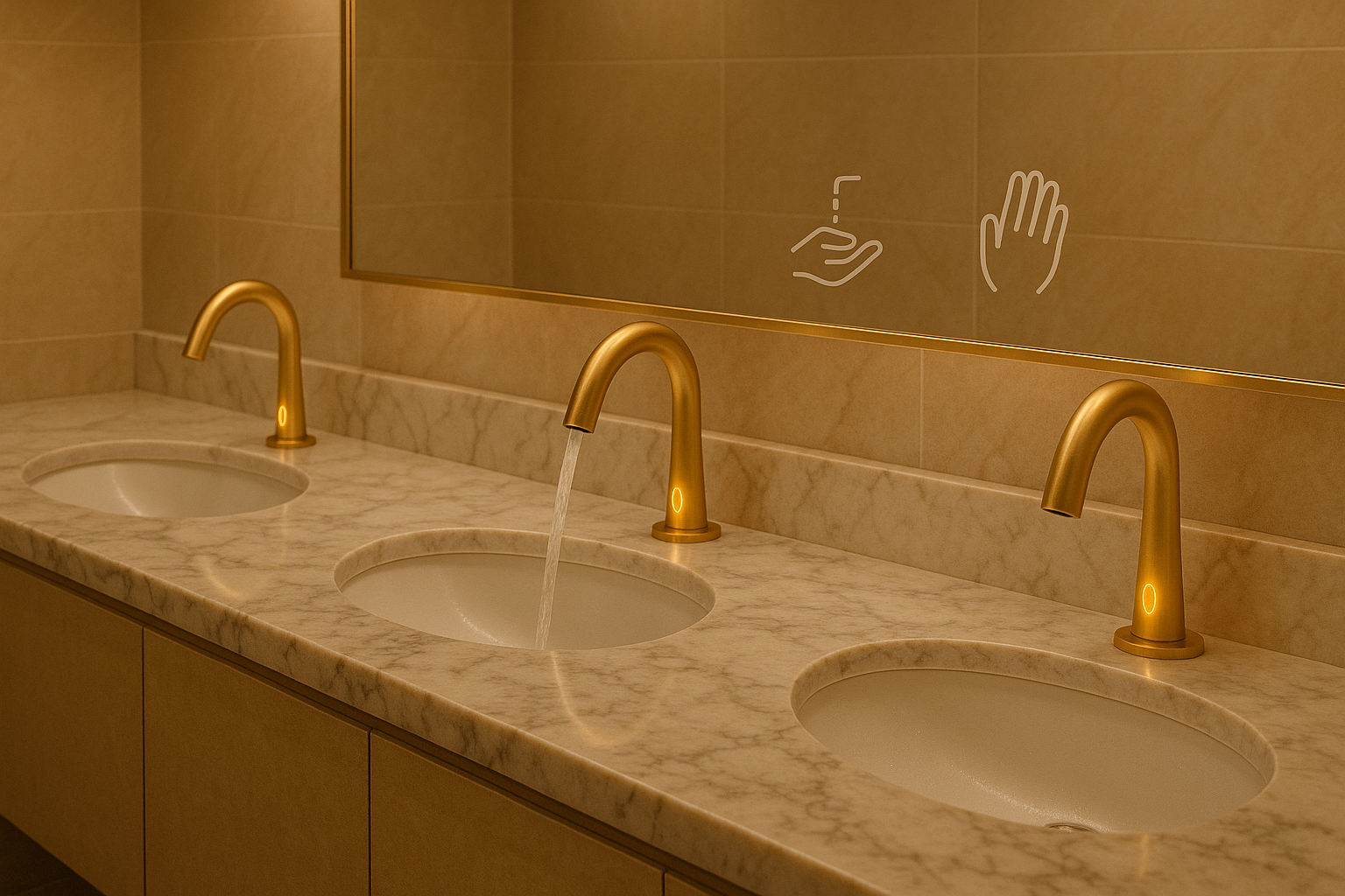 Airport concourse restroom with touchless faucets and dispensers